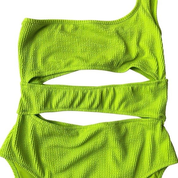 Aerie Real Good Neon Green One Shoulder Cutout Swimsuit XL | Textured One Piece - Picture 2 of 8